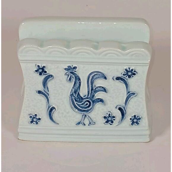 Davar  Porcelain Napkin Holder Blue Rooster 4" x 3.5" Japan - Picture 1 of 11